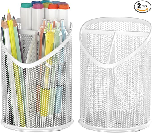 Delifox Mesh Round Pen & Pencil Holder — 2 Pack, White