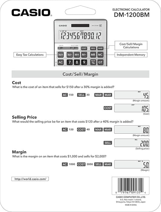 Casio DM-1200BM – Business Desktop Calculator with Cost/Sell/Margin & Tax Keys | Extra-Large 12-Digit Display, Kickstand | Ideal for Office & Finance Use
