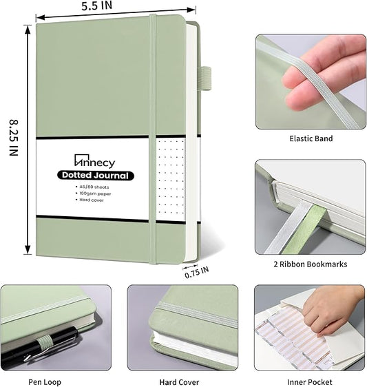 Annecy Numbered Bullet Dotted Journal Notebook, Medium 5.5x 8.25, 160 Pages 100GSM Writing Paper, A5 Grey Green Faux Leather Cover with Pen Loop