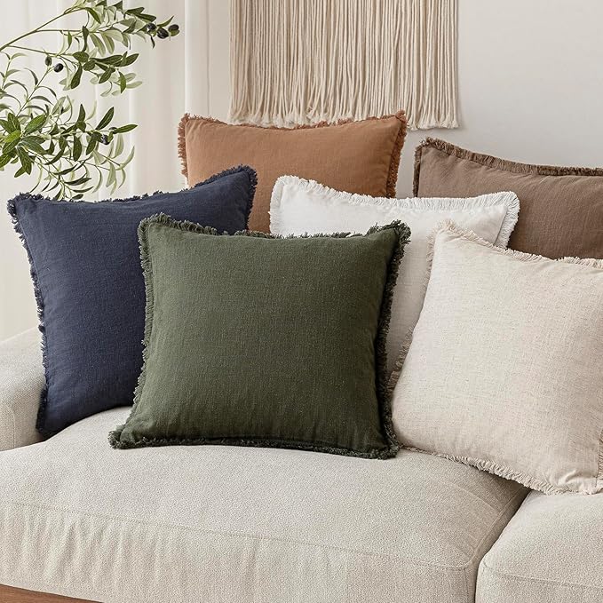 Foindtower Set of 2 Decorative Linen Fringe Throw Pillow Covers... (Green, 12×..
