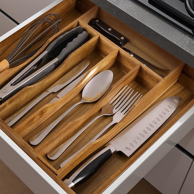 oridom Expandable Acacia Kitchen Drawer Organizer for Cutlery and Utensils, Adjustable Acacia Wood Cutlery Tray in Drawer for Flatware and Silverware in Kitchen