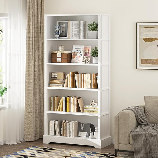TVU 5-Tier Wooden Book shelf, 65"H × 31.5"W × 9.9“D Bookshelf with Storage, Floor-Standing Display Bookcase, Farmhouse Style Bookshelf with Arched Base, Suitable for Living Room, Study, Office, White