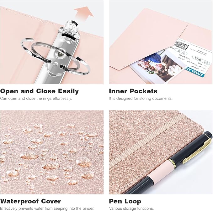 Ospelelf Vintage Hardcover 3 Ring 2 inch Leather Binder, Professional Binders Organizer Suitable for Letter Size Documents, Binder Dividers with Tabs, Faux Glitter Pink Leather