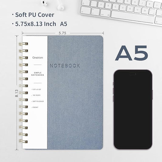 Spiral Notebook-5.75" x 8.125" College Ruled Journal with Inner Pockets and 160 Pages,PU Leather Cover Business Journal, Twin-Wire Binding Notebook Perfect for Office & Home School Supplies 3 pack Reefblue/Grey/Black