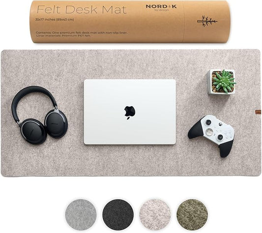 Nordik large felt desk mat in stone oat beige — 35 by 17 inch seamless desk pad with anti-slip backing