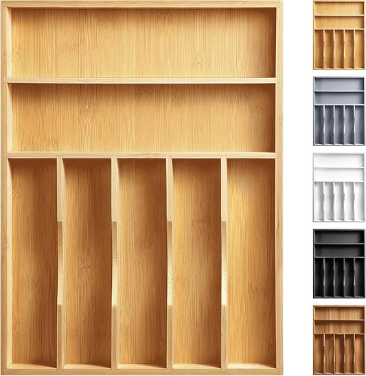 oridom Kitchen Bamboo Silverware Organizer, Kitchen Drawer Organizer - Utensil Holder and Cutlery Tray with Grooved Drawer Dividers for Flatware 7 Slot, Natural
