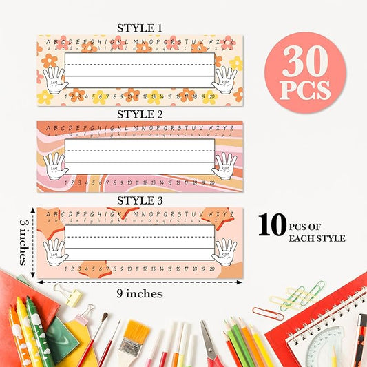 Name Tags for Students, Retro Name Plates, Groovy Name Labels for School Desks, Back to School Classroom Decor, 30 Pack (03)