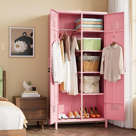 SUPEER 2 Doors Metal Storage Locker with Adjustable Shelves and 2 Hanging Rods, Metal Wardrobe Cabinet with Lock,Wardrobe Lockers for Home,Office,Assembly Required,Pink