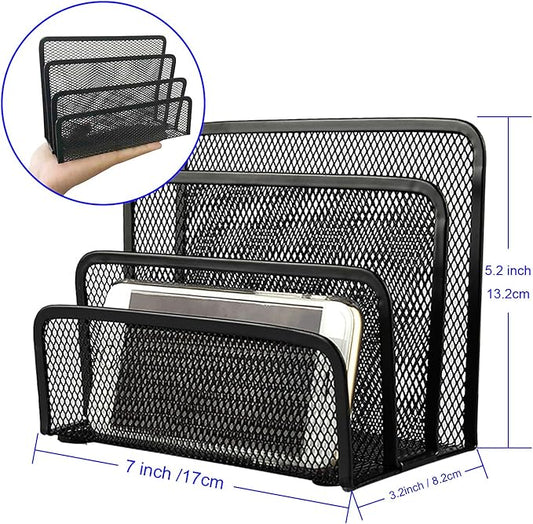 Anumit Desk Mail Organizer, File Holder Letter Sorter with 3 Vertical Upright Metal Mesh Compartments Document, Filing, Folders, Mail, Paper Organizer for Home or Office Desktop (2PCS)