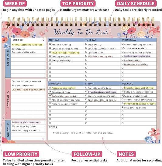 104 Pgs Weekly To Do List Notepad, 52 Duplex-Printed Undated Sheets 100 GSM（8.5"×11") Weekly Desk Planner For Work Home School Office Desk Accessories Supplies & Goal Setting Tasks -Pink Floral