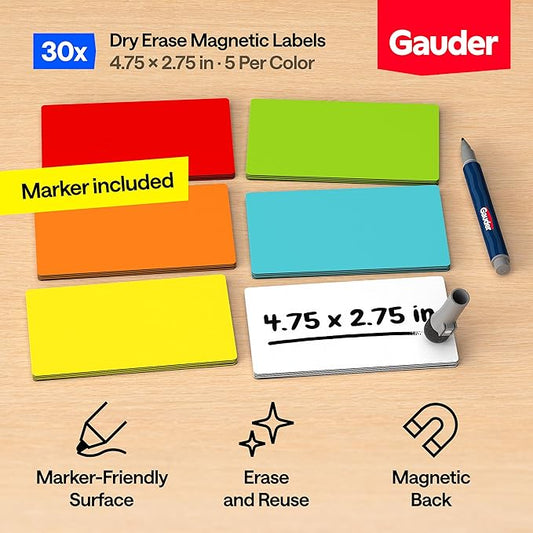 GAUDER Magnetic Dry Erase Labels | 30x Magnetic Labels (4,75 Inches x 2,75 Inches) | 30x Dry Erase Magnets for Classroom, Whiteboard and Blackboard