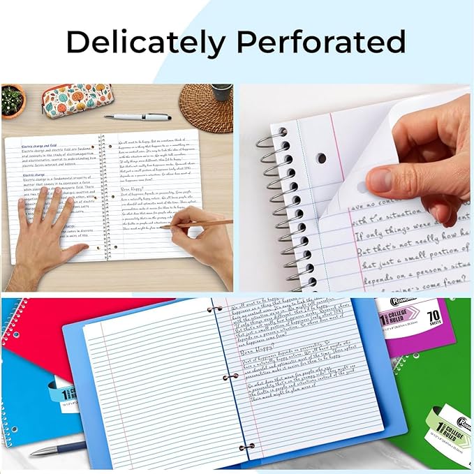 Rosmonde 50 Pack, 1 Subject Spiral Notebook College Ruled Bulk, 140 Pages (70 Sheets), Thick No-Bleed Paper, 8 x 10-1/2", 3 Hole Punched, College Ruled Notebook 1 Subject Bulk, Subject Notebook