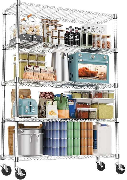M MZG 5 Tiers Shelf 1750 lbs Steel Storage Shelving Utility Shelving Unit Steel Organizer Wire Rack for Home,Kitchen,Office,Garage Chrome 17.7" D x 47.2" W x 76.8" H