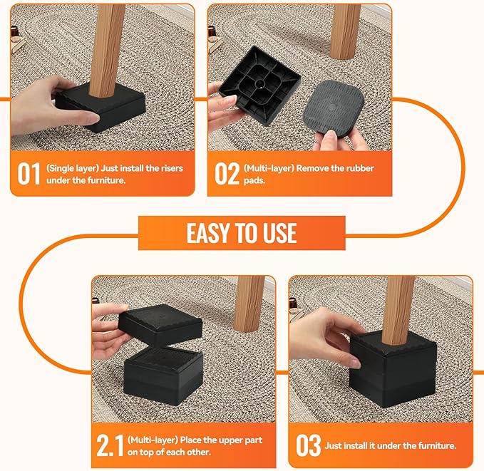 shouwuhho Furniture Risers, 6 Pack Bed Risers with Non-Slip Grip and Heavy Duty Support, 1 Inch 2 Inch 3 Inch 4 Inch Height Lift for Couch, Sofa, Table, Desk, Chair, Refrigerator - Black, 1 Inch