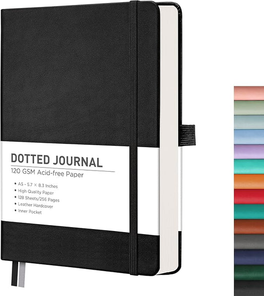 RETTACY Bullet Dotted Journal Notebook, 256 Pages, A5 Medium Size (5.7'' × 8.3''), Leather Hardcover, 120 GSM Thick Paper, for Bullet Journaling, Planning, Tracking (Black)
