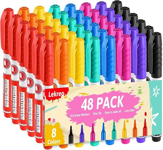 Dry erase markers fine tip — 8 assorted colors, low-odor whiteboard markers, 48 pack