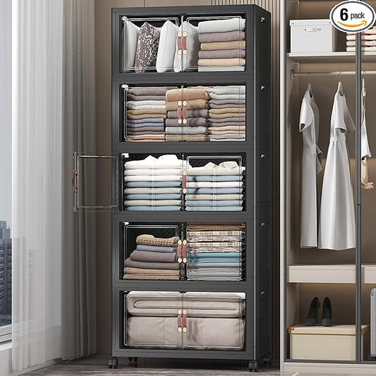 UAMFURI Extra Large Stackable Storage Bins with Lids & Wheels & Door, 560QT-112QT/28GAL*5Pack Foldable Collapsible Closet Organizers, Plastic containers drawers for bedroom Dorm