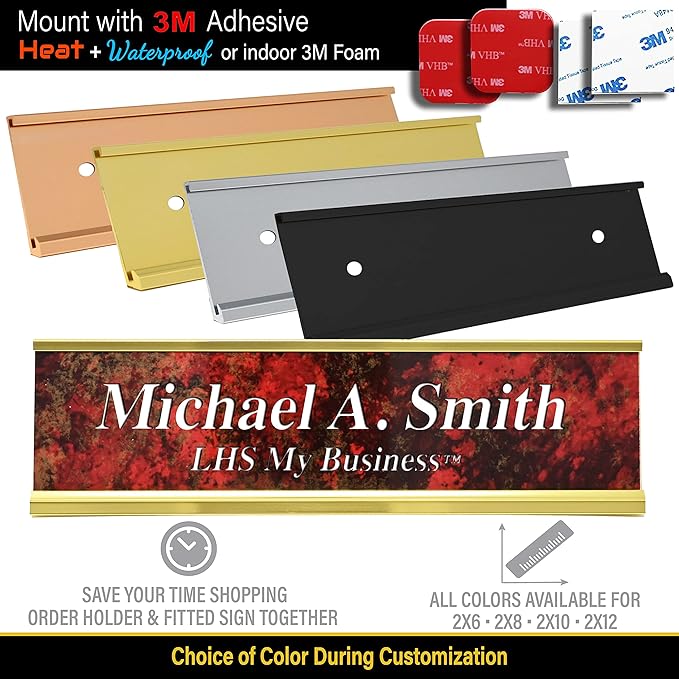 Custom Name Plate with Choice of Mounting for Walls, Doors, Cubicles, Hanging and More - Personalized White Plastic Black Letters - USA Made 2x10 - B16