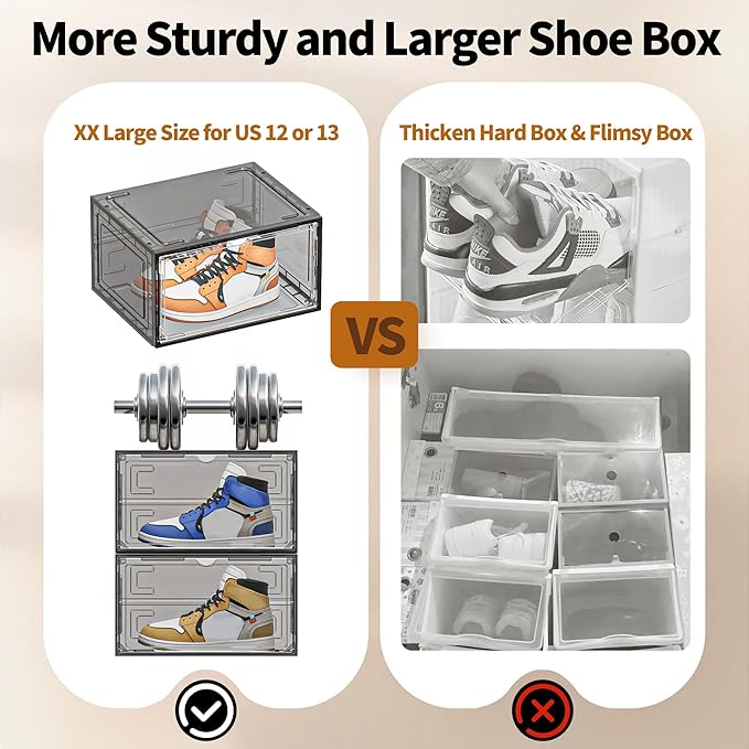 TOFWOF 12 Pack XX Large Shoe Organizer, Heavy-Duty Hard Thicken Plastic Clear Stackable Shoe Storage Box Organizer for Closet, Space-Saving Shoe Rack Display Case Bin Containers for Sneakers, Grey