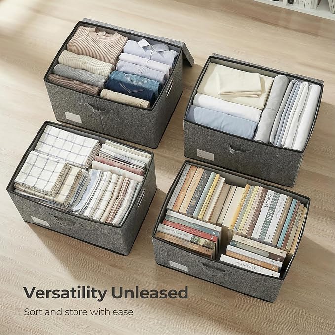 PRANDOM Storage Bins with Lids [3-Pack] Linen Fabric Foldable Storage... (Grey..