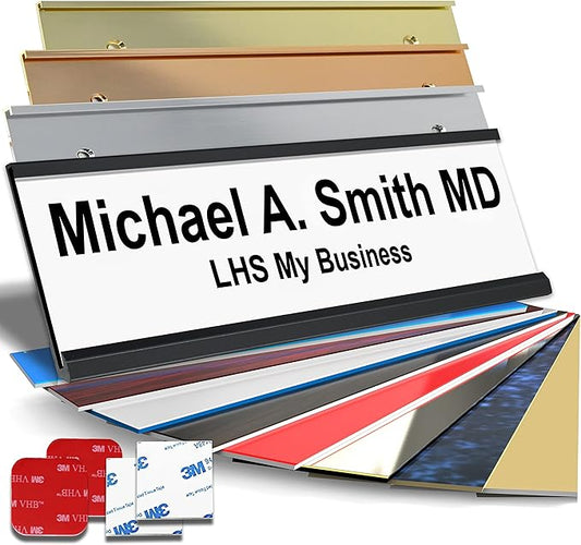 Custom Name Plate with Choice of Mounting for Walls, Doors, Desk Holders, Cubicles, Hanging and More - Personalized White Plastic Black Letters - USA Made 2x8 - B16