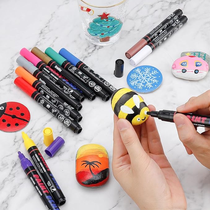 Craiiby Silver Paint Pens Paint Markers - 12 Pack Permanent Quick Dry Waterproof Marker Pens for Rocks Wood Fabric Plastic Canvas Glass Mugs Metal Tire Stone