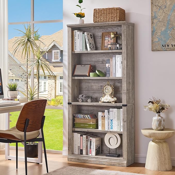 RWYHG 70" Grey Tall Bookshelf,5-Tier Thick Wooden Book Shelf with Adjustable Shelves,Free Standing Farmhouse Bookcase with Open Display Storage,Floor Vintage Bookshelves for Living Room,Office