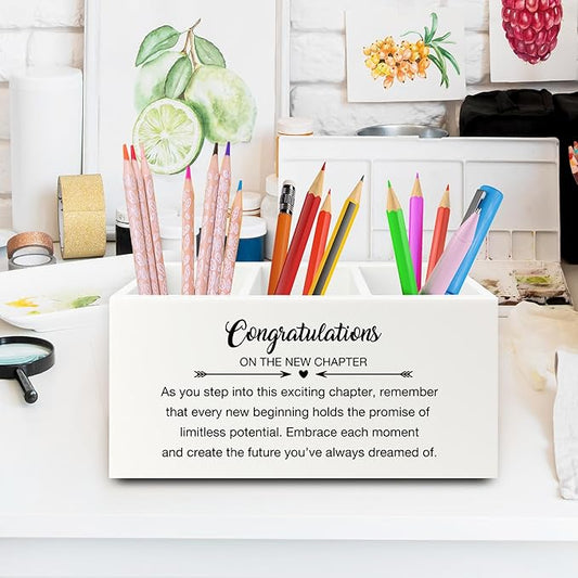 XPH Congratulations Gift Pen Pencil Holder Organizer for Desk, Graduation Gifts, New Job Gifts, Congratulations on the New Chapter Wooden Box Sign for Home Office Desk Tabletop Decorations