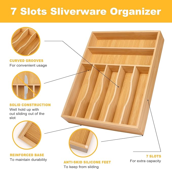 oridom Kitchen Bamboo Silverware Organizer, Kitchen Drawer Organizer - Utensil Holder and Cutlery Tray with Grooved Drawer Dividers for Flatware 7 Slot, Natural