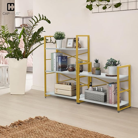 CAPHAUS 3 Tier Small Bookshelf, 24 Inch Width Free Standing Shelf, Bookcase Shelf Storage Organizer, Industrial Book Shelves for Home Office, Living Room, White Wooden Shelves & Gold Frame