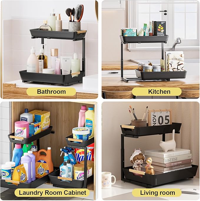 AMEDELE 2 Pack Under Sink Organizer,2 Tier Pull Out Adjustable Height Under Cabinet Storage,Under Sink Storage for Kitchen Bathroom Cabinet