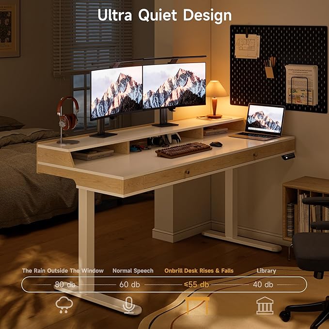 ONBRILL Standing Desk with Drawers, 63x23.6 Inch Electric Stand Up Desk with Storage Shelf and Memory Controller, Sit Stand Desk Adjustable Height from 28-46 Inch for Computer Workstation, White