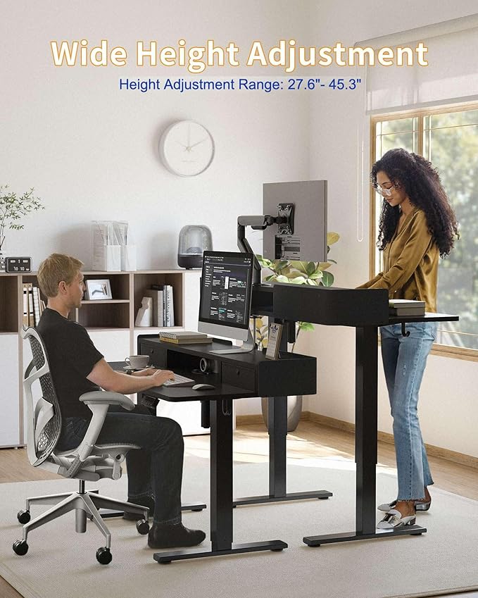 YIHAYO Electric Standing Desk with Drawers, 48 x 24 Inches Adjustable Desk with Storage Shelf, Stand Up Desk with Splice Board, Computer Table for Home Office, Black Frame/Black Top