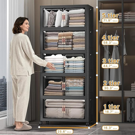 UAMFURI Extra Large Stackable Storage Bins with Lids & Wheels & Door, 560QT-112QT/28GAL*5Pack Foldable Collapsible Closet Organizers, Plastic containers drawers for bedroom Dorm