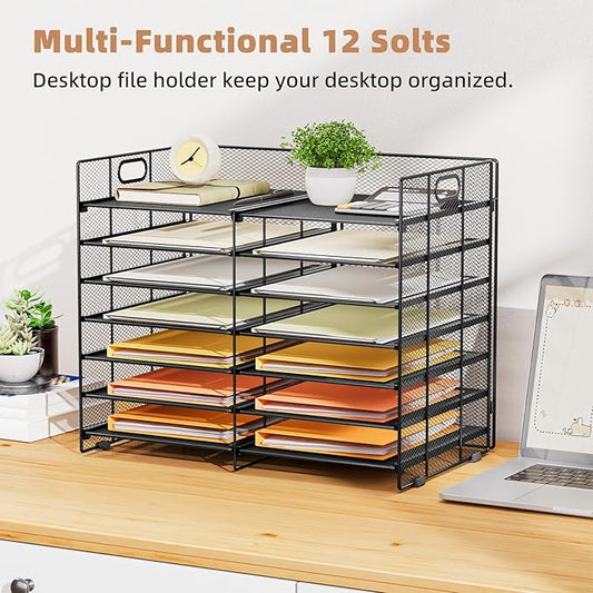 Marbrasse Desktop Literature Organizer, 12 Compartments Mesh Paper Organizer Desk Organizers, Adjustable File Sorter Mail Center Paper Storage Cabinet Classroom Mailbox for Office Home School, Black