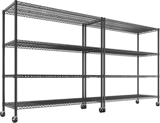 REIBII Set of 2 Storage Shelves Metal Shelving with Wheels,Adjustable Wire Shelving Rack 75.6" H Heavy Duty Garage Shelving Unit for Kitchen Pantry,Commercial Industrial Shelving for Garage 2PCS