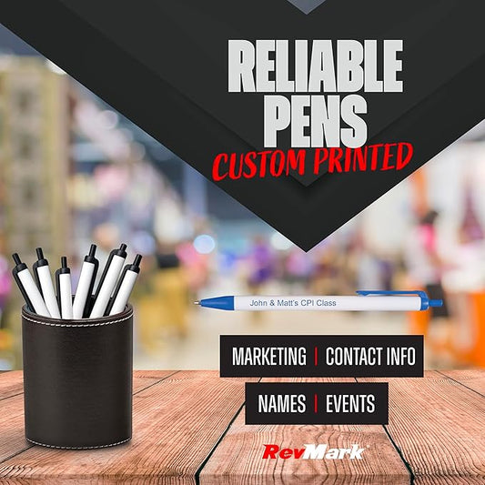 RevMark Personalized Ballpoint Pen, Custom Printed Name, Business or Event Information, Timeless Advertising, USA Made Pens, Promotional Marketing, Smooth Black Ink, Bulk Pack (Blue,250 Ct.)