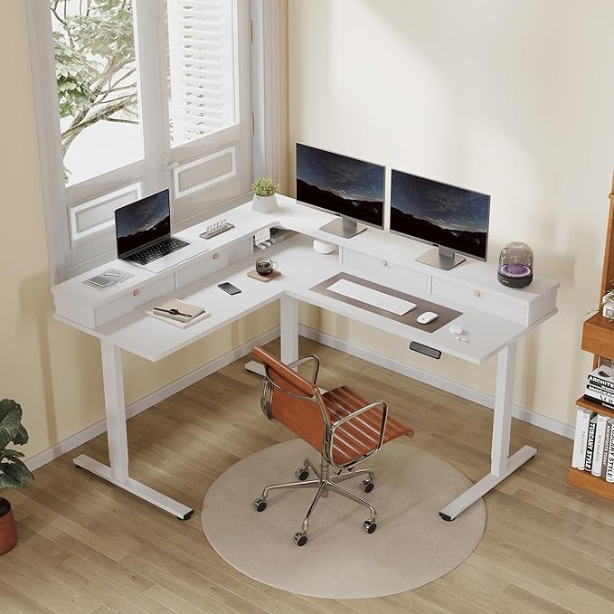 FLEXISPOT 63" L Shaped Standing Desk with Shelf Electric Corner... (White, 63x..
