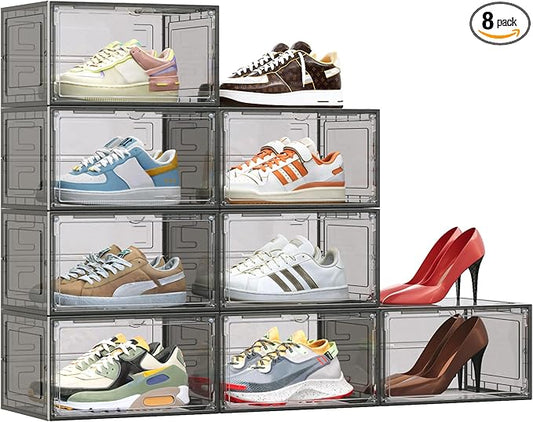 TOFWOF 8 Pack XX Large Shoe Organizer, Heavy-Duty Hard Thicken Plastic Clear Stackable Shoe Storage Box Organizer for Closet, Space-Saving Shoe Rack Display Case Bin Containers for Sneakers, Grey