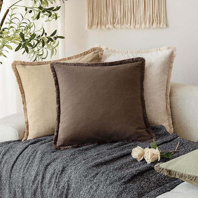 Foindtower Set of 2 Decorative Linen Fringe Throw Pillow Covers Boho Farmhouse Cushion Cover with Tassels Lumbar Accent Pillowcase for Bed Couch Living Room Home Bedroom Decor,12×24 Inch,Reddish Brown