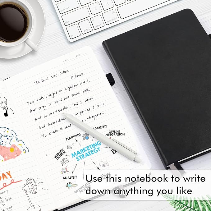 feela 8 Pack Journal Notebook Bulk for School, Hardcover Business Notebooks Classic Ruled Lined Journals with Pen Holder for Work Note Taking, with 8 Black Pens, 120 GSM, 5.1”x8.3”, A5, Black