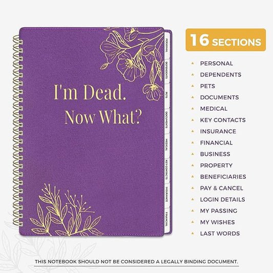 SUNEE End of Life Planner - I'm Dead Now What Planner for Seniors & Family Legacy, Large Print Spiral-Bound Estate Planning Organizer with Tabs - Final Wishes, Passwords & Funeral Planning, A4, Purple