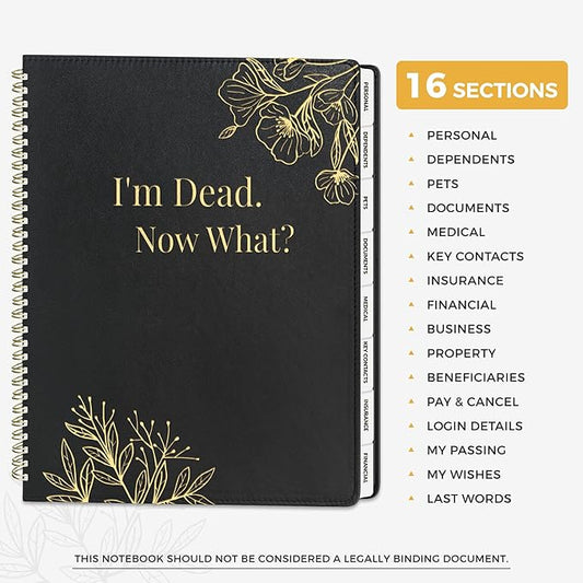 SUNEE End of Life Planner - I‘m Dead Now What Planner, Large Print Spiral-Bound Estate Organizer with Tabs for Seniors & Family. Covers Final Wishes, Passwords & Funeral Planning.A4（9"x11.2"),Black