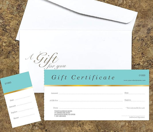 IMPACTONLINEPRINTING Custom Gift Certificates Cards with Envelopes 100set - Aqua Blue - Gift Certificates for Business