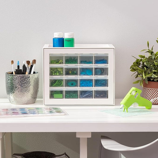 IRIS USA Small Drawer Organizer Storage, 16-Drawer Craft Cabinet for Screws Hardware Art Supplies Small Parts Nuts Bolts Nails Tool Container, Drink Packet and Water Flavor Packet Organizer, White