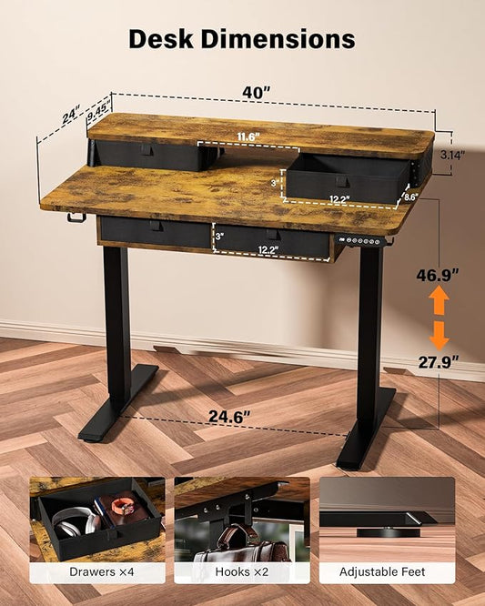 FiCiHi Electric Standing Desk with Four Drawers, Adjustable Height Sit Stand Desk, C-Clamp Compatible Home Office Desk with Storage Shelf & Monitor Stand Riser, 40 x 24 Inch, Rustic Brown