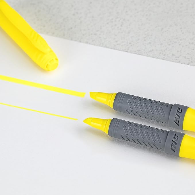 BIC Brite Liner Grip Highlighters, Chisel Tip (1.6 mm), Classic Yellow, 2-Count Pack, Best Highlighters for School Supplies and Office Supplies