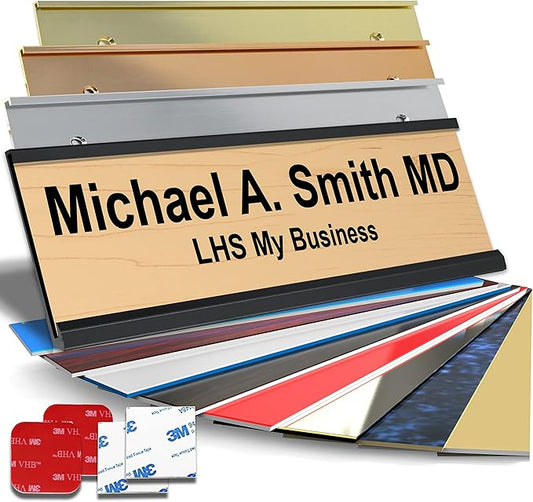 Custom Name Plate with Choice of Mounting for Walls, Doors, Cubicles, Hanging and More - Personalized Cashew Plastic Black Letters - USA Made 2x12 - N6