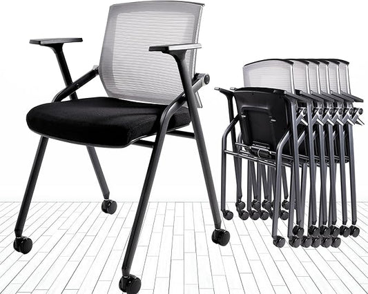 BLANEDUO Conference Room Chairs, Folding Office Desk Chair with Lumbar Support and Sliding Armrest with Casters, Stackable Office Guest Chairs & Reception Chairs (2 Pack)