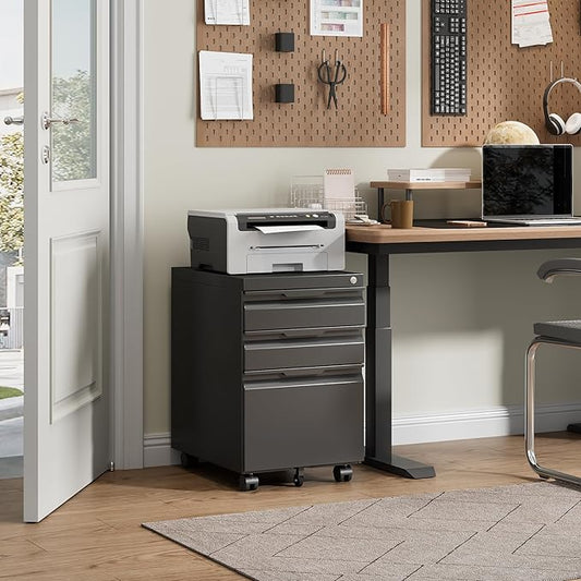 Bestoo 3-Drawer Mobile File Cabinet with Lock, Metal Filing Cabinet on Wheels for Home Office Under Desk, Fits File Folders, Letter/Legal/F4/A4 Size, Assembly Required (Black)